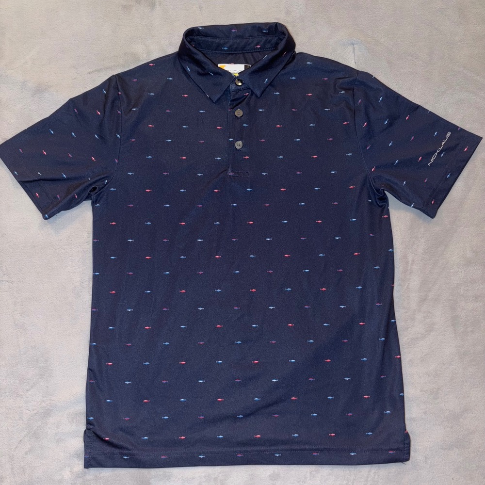 Nicklaus Boys Navy Blue Fish Print Performance Golf Polo Shirt Size M 10-12